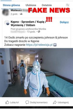 zrzut z ekranu - gdzie jest informacja o tym, że 14 osób zmarło po podaniu szczepionki johnson&amp;johson, na dole pracownik szpitala w ubiorze ochronnym a na górze napis fake news