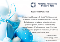 Na obrazku widzimy życzenia Komendanta Powiatowego Policji w Kole dla mieszkańców powiatu kolskiego z okazji Świąt Wielkanocnych.